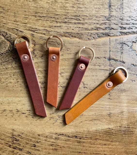 English leather key fobs with brass flat split ring in various colours.