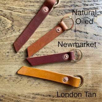 English leather key fobs showing colours available.