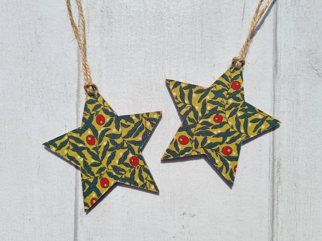 Liberty of London Fabric Wooden Stars Set of Two Hanging Christmas  Decoration 10cm Ochre Gold Home Decor Gift Tag Bauble Ornament