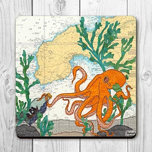 Placemat printed with textile art design of an octopus on an old sea chart