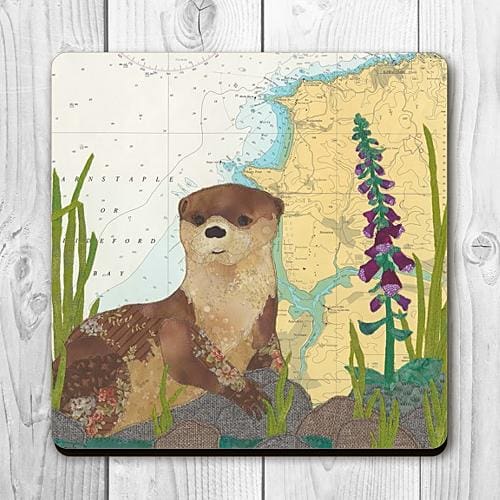 Coaster printed with a textile art design of an otter on an old sea chart
