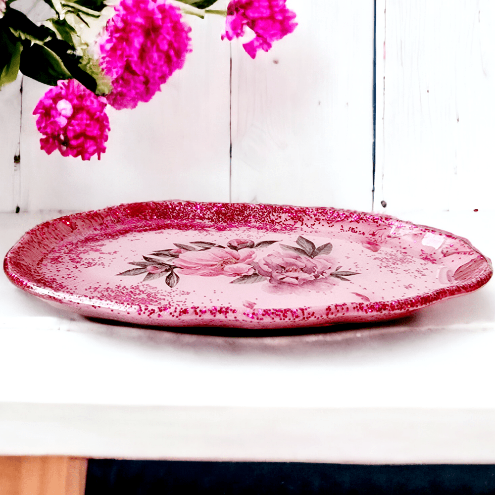 Pink - floral - resin - tray - glitter - homeware