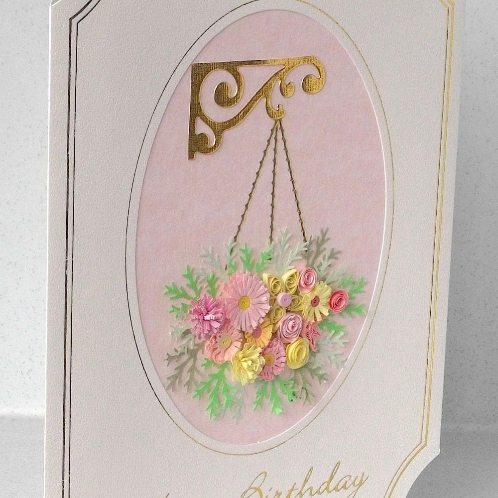 Quilled handmade birthday card with hanging basket