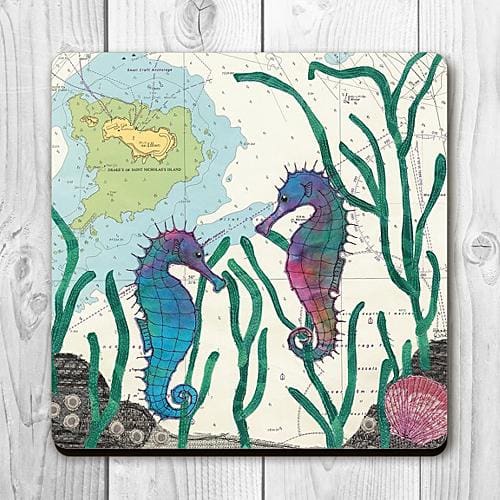 Coaster printed with a textile art design of seahorses on an old sea chart