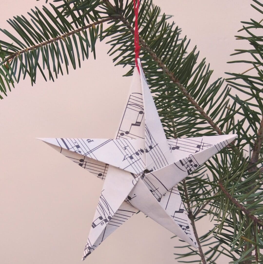 Hanging origami star made from sheet music