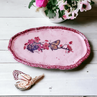 Tray - resin - pink - floral - glitter- homeware