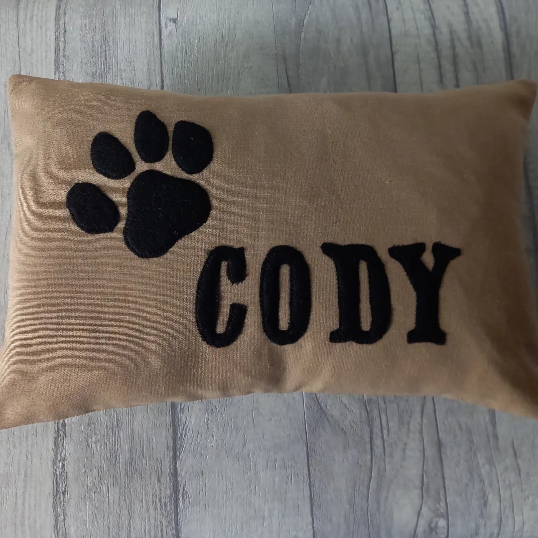 custom dog cushion paw and cody black letters