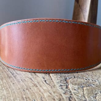 English leather flared dog collar with turquoise stitching 20-25"