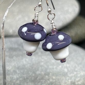 purple and white glass mushroom drop earrings