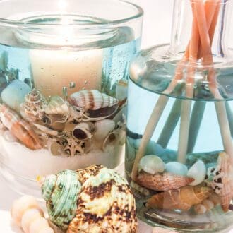 Blue sea ocean luxury botanical gift set. Scented reed diffuser and soy and gel wax scented candle on a white background surrounded by sea shells