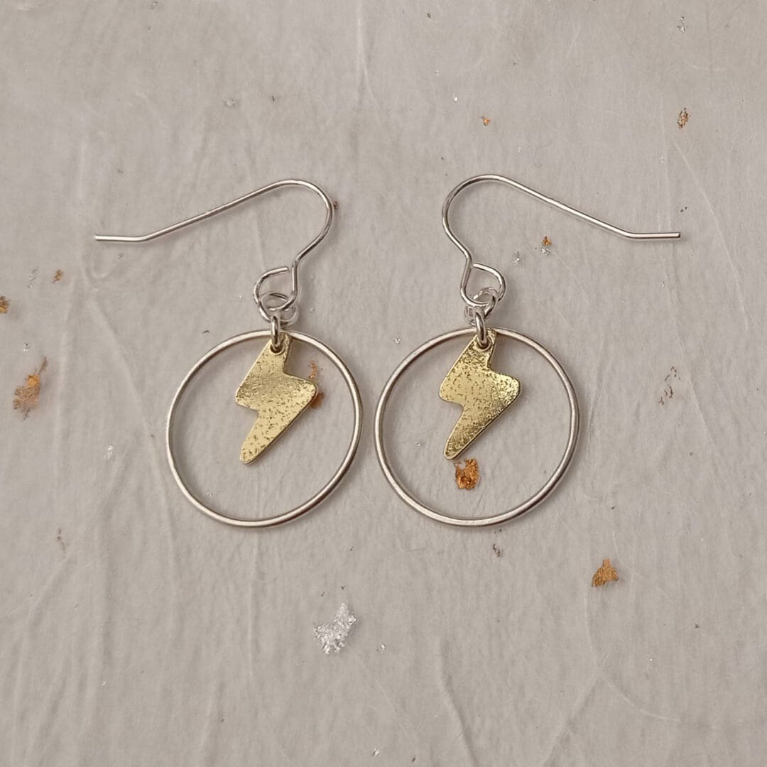 handmade brass lightning and silver wire earrings