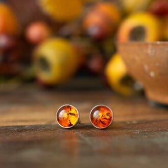 amber stud earrings on wooden board with autumnal berries in the background
