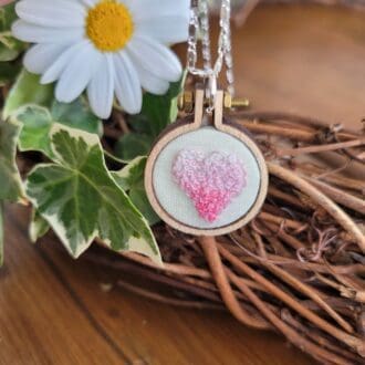 Hand embroidered pastel pink heart mini hoop pendant 2.5 cm.