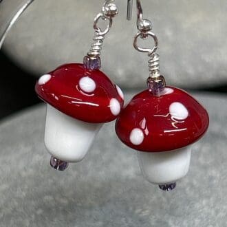 red amd white spotty glass mushroom drop earrings