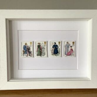 Four Jane Austen postage stamps in frame