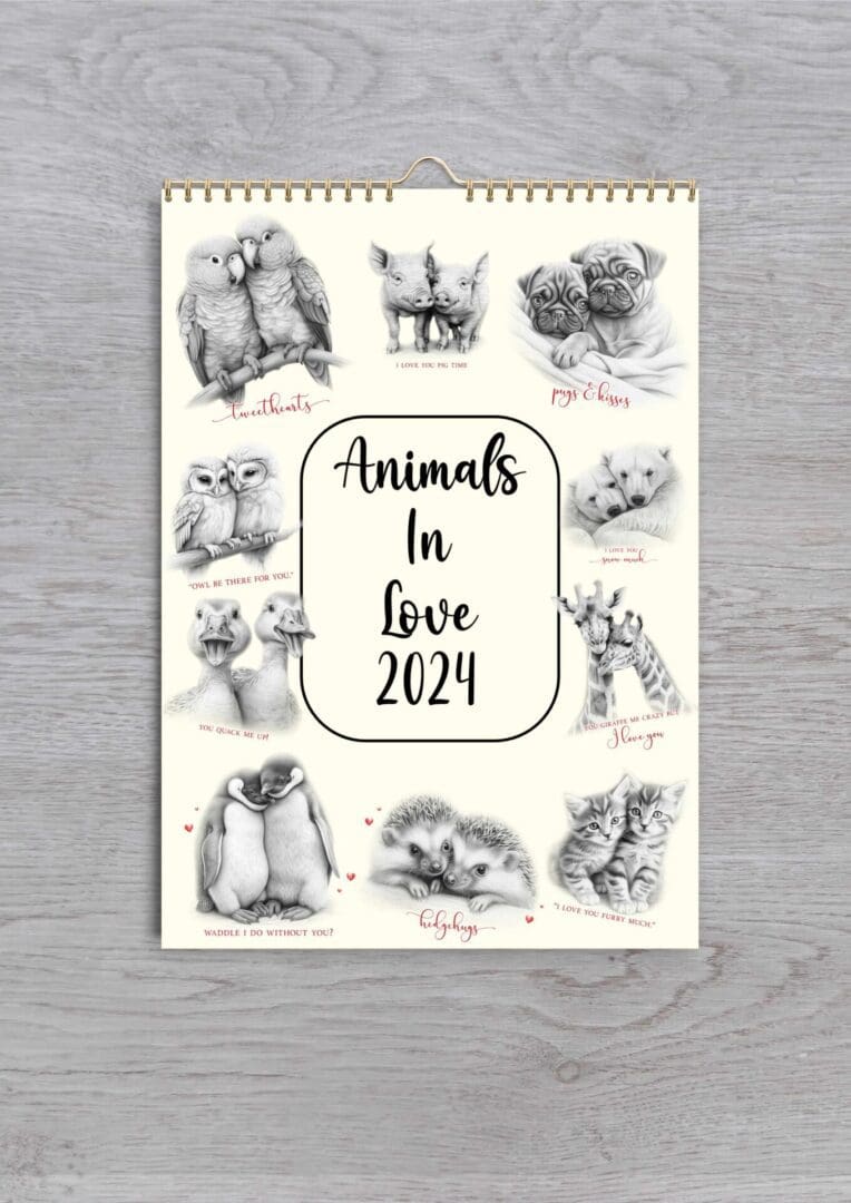 Animals in love sketched 12 month calendar