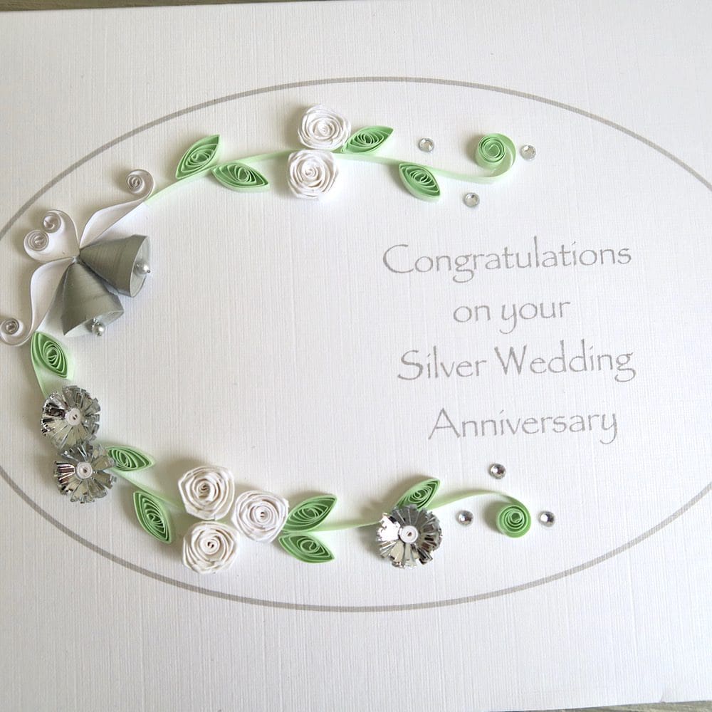 Handmade silver 25th wedding anniversary congratulations card, quilled