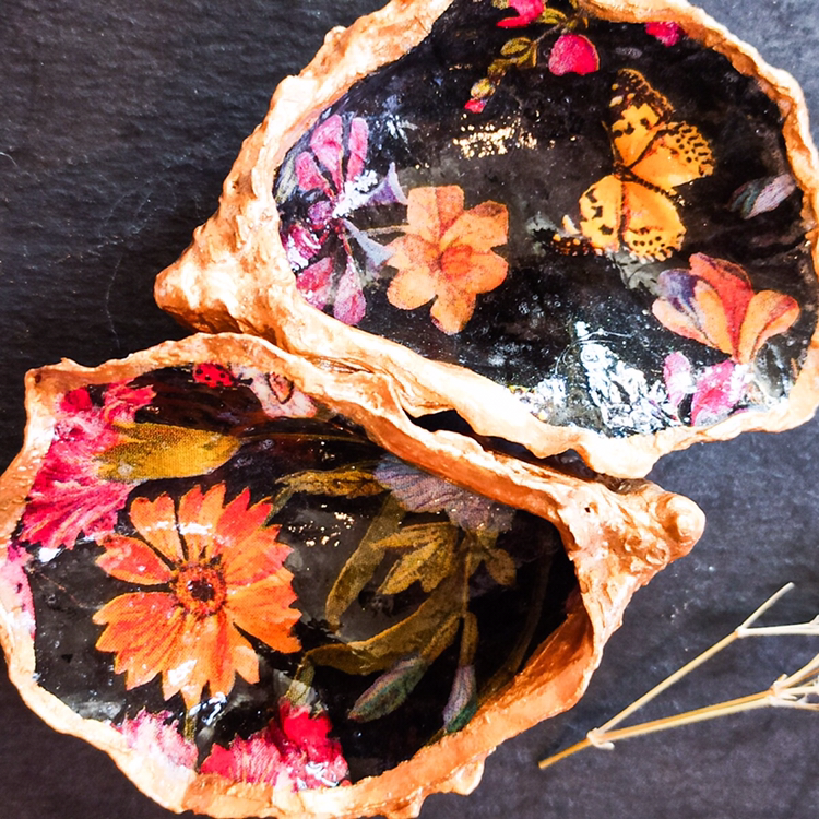 Pair of dark floral decoupaged oyster shells