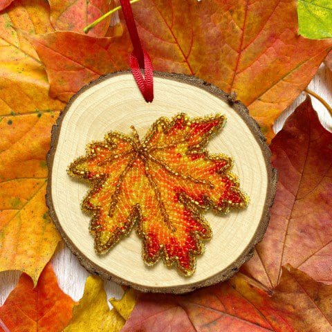 Hand beaded autumn leaf decoration by DewCatDesigns