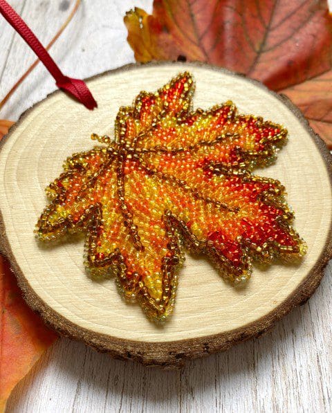 Hand beaded maple leaf decoration by DewCatDesigns