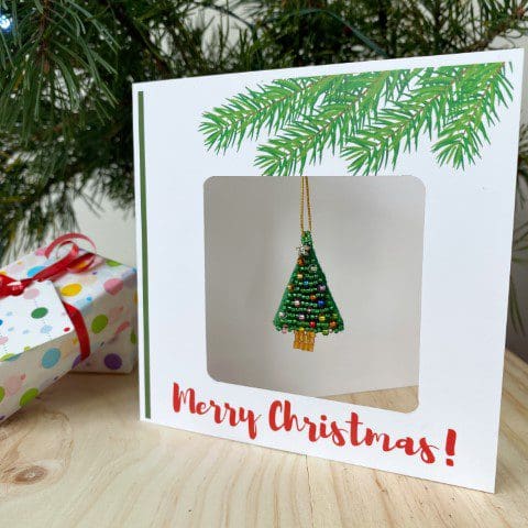 Christmas ornament card with hand beaded Christmas tree ornament by DewCatDesigns