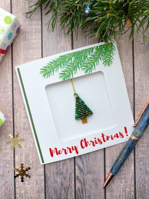Christmas ornament card with hand beaded Christmas tree ornament by DewCatDesigns