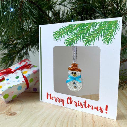 Christmas ornament card with hand beaded snowman ornament by DewCatDesigns