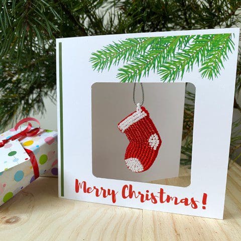 Christmas ornament card with hand beaded stocking ornament by DewCatDesigns