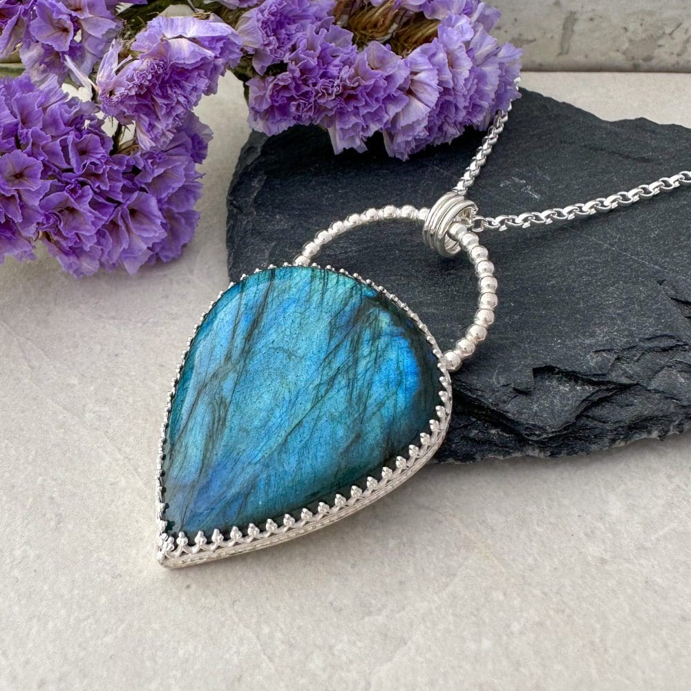 Blue labradorite gemstone statement handmade necklace
