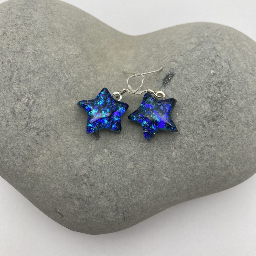Blue / green ripple effect star shaped dichroic glass dangly earrings