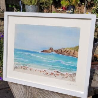 Hand and free motion embroidery used to create a view from Broad Haven beach framed and signed original artwork.
