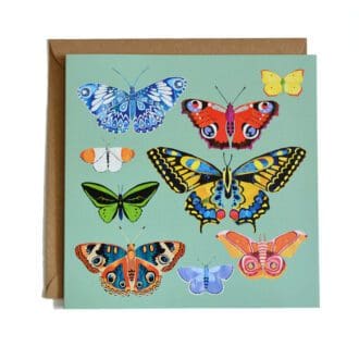 A square card featuring a digital illustration of several different butterflies on a pastel green background.