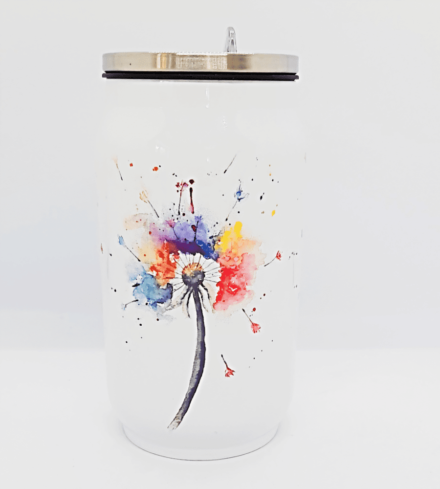 Stainless Steel reusable travel cup featuring Colourful Wishes seed head art.