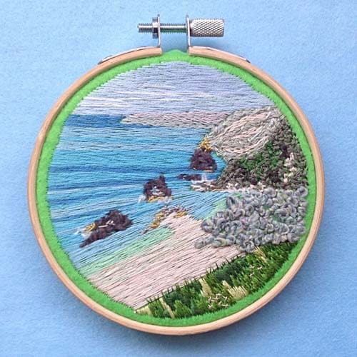 hand embroidered scene of the North Cornwall coast