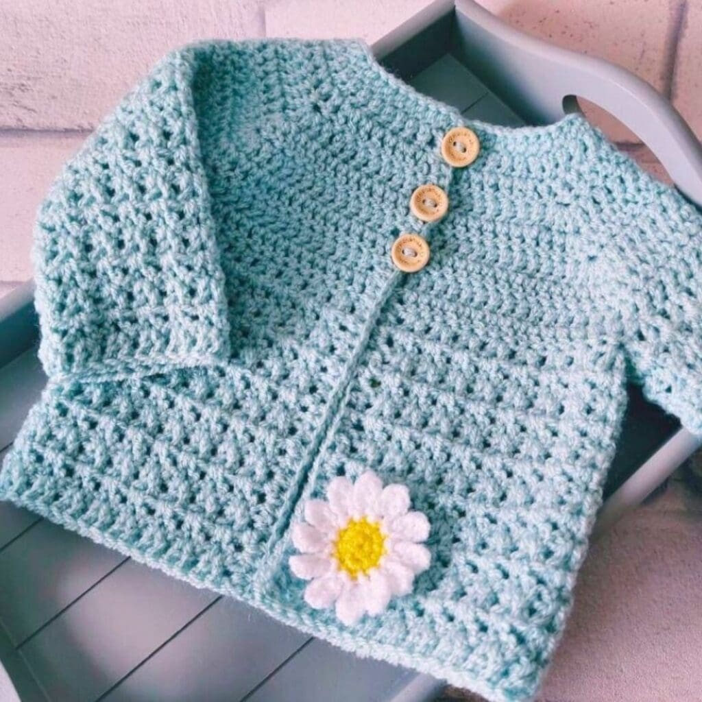 Crochet Baby Cardigan, Duck Egg Blue Daisy Jacket, Sizes Newborn