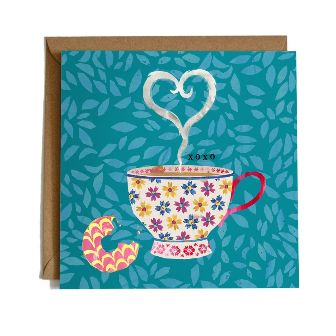 A square card featuring a floral tea cup illustration with a part eaten, pink party ring to the left and heart shaped steam coming from the mug. The illustration is on a teal background.