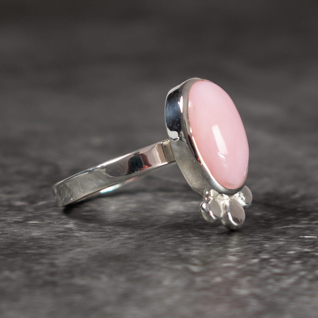 Argentium Silver statement one of a kind ring with large Pink Opal and fused silver pebbles. Handmade in the UK.