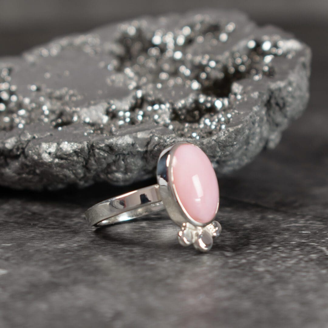 Beautiful Argentium Silver ring, handmade with a natural Pink Opal and pebbles of Argentium Silver.