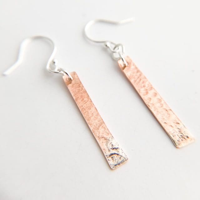 Dimpled Copper Stick Earrings with Sterling Silver