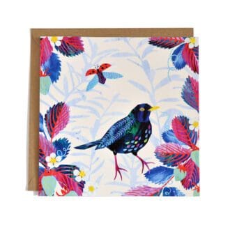 A square card featuring a digital illustration of a blackbird and ladybird amongst strawberry plants.