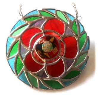 Floral Swirl Ring stained glass art suncatcher handmade vibrant red green