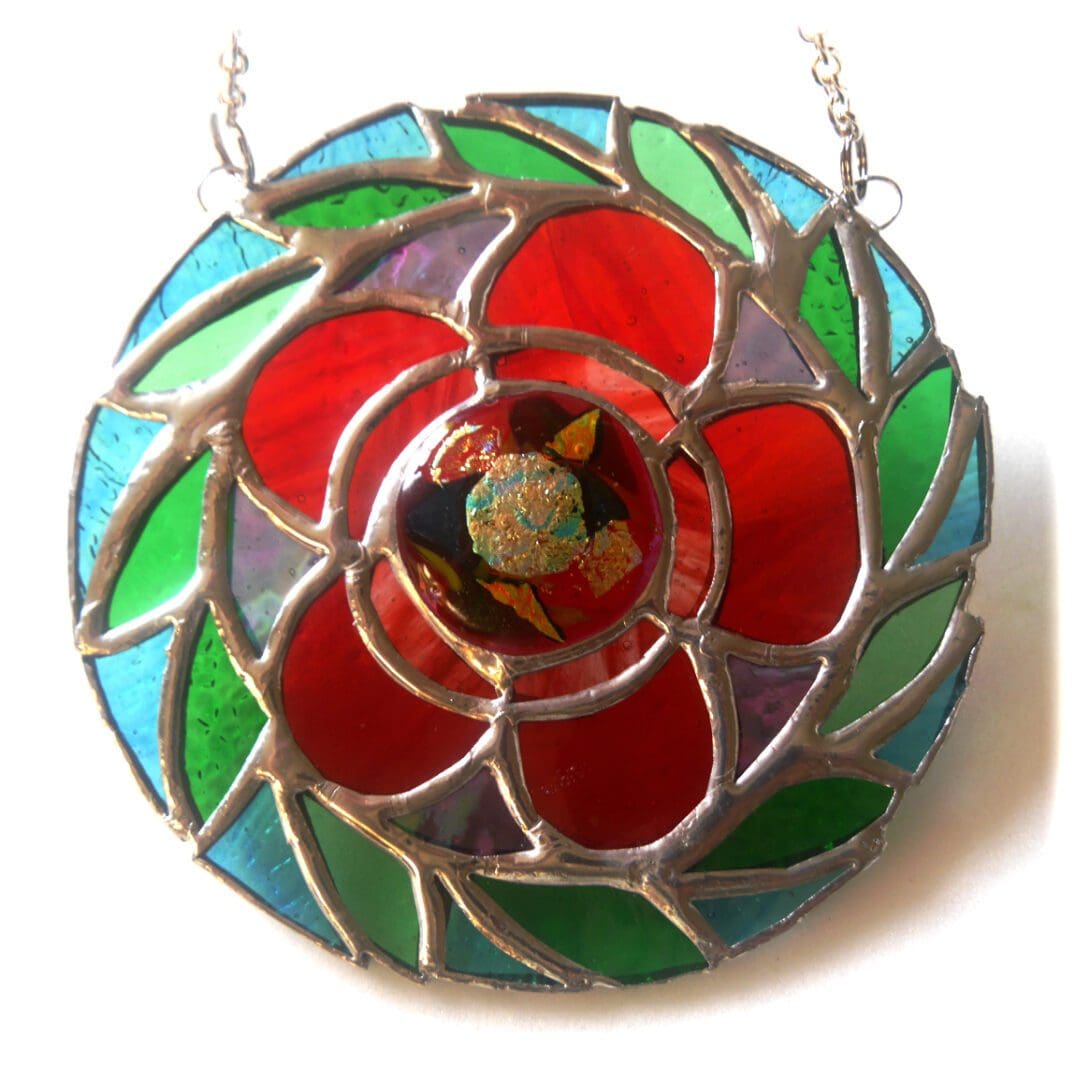 Floral Swirl Ring stained glass art suncatcher handmade vibrant red green