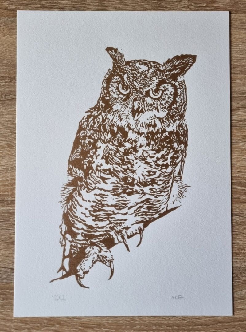 Gold Eagle Owl Handprinted Linoprint