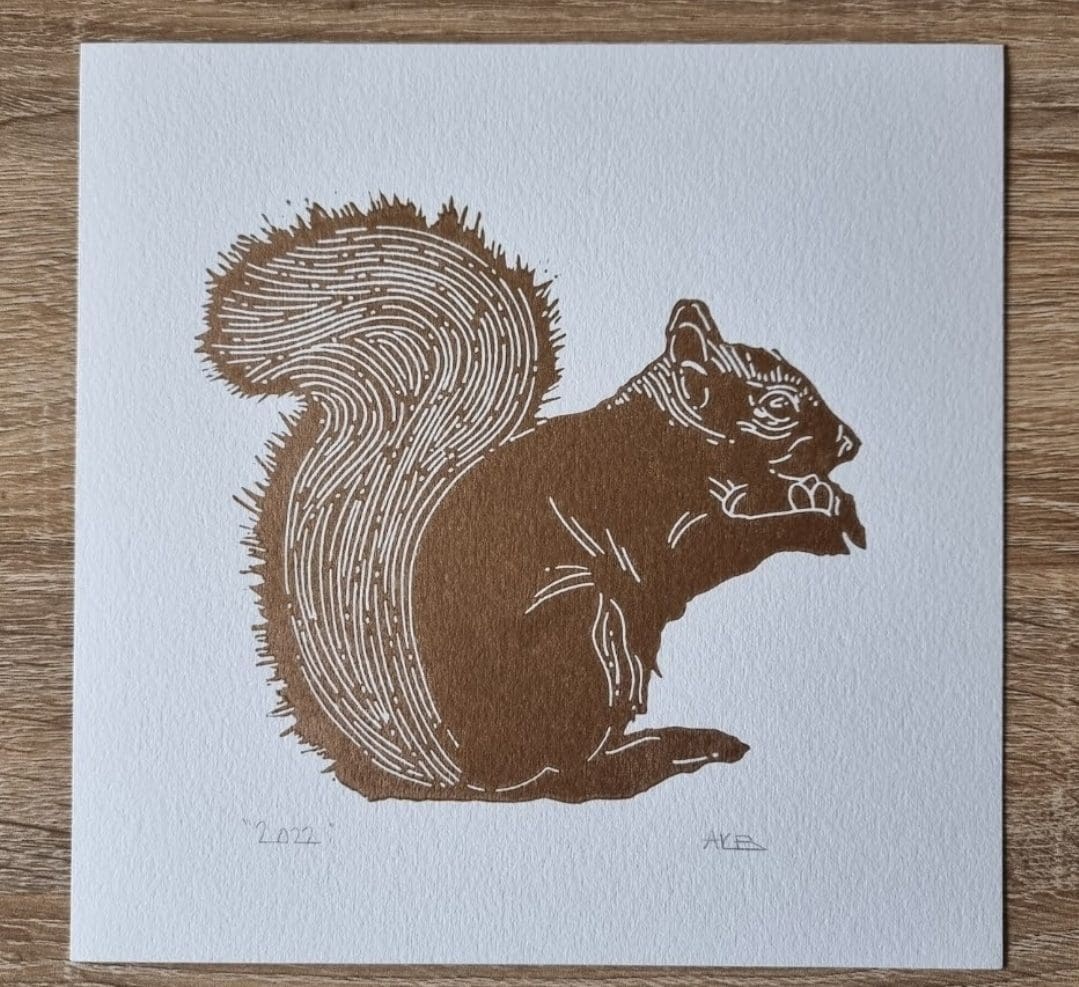 Golden squirrel original linoprint artwork