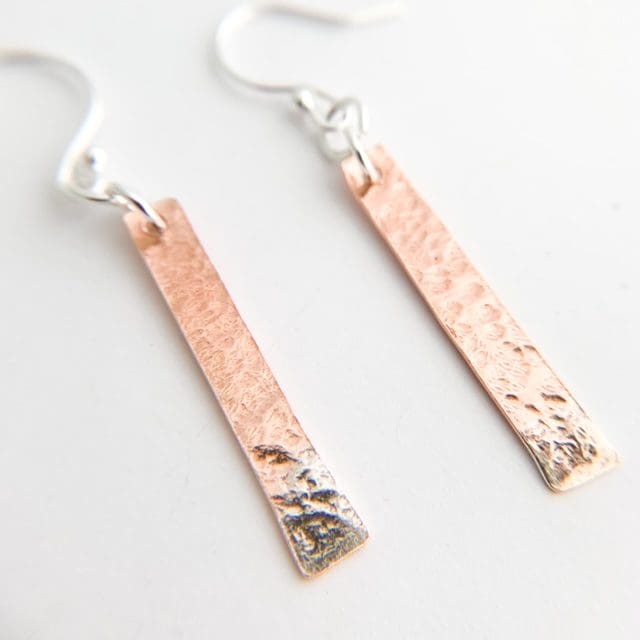 Hammered Copper Dangle Earrings with Silver Ends