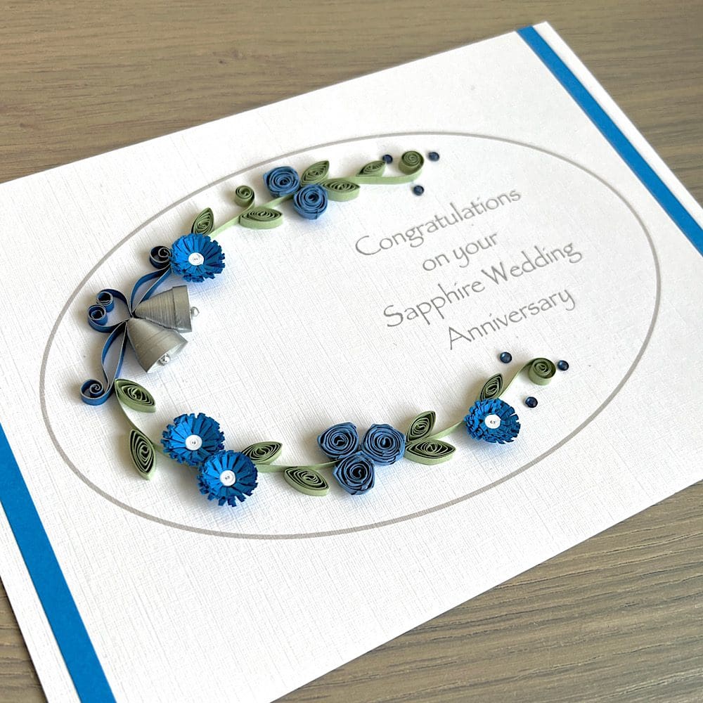 65th Wedding anniversary card with quilled flowers, sapphire