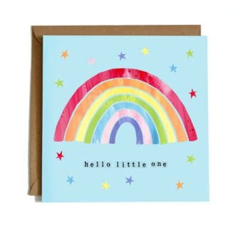 A square card featuring a rainbow and stars illustration on a pale blue background with the words 'Hello Little One' underneath.