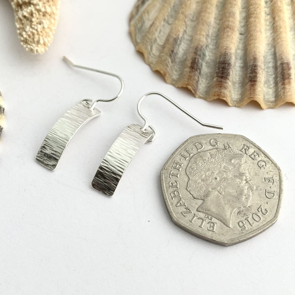 Line Hammered Sterling Silver Curved Dangly Earrings