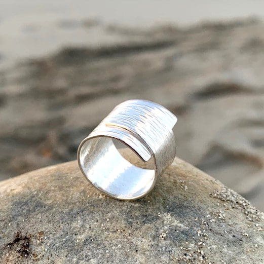 Line Hammered Sterling Silver Wide Ring