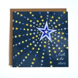 A square card featuring a digital illustration of stars on a dark blue background and the words "look for stars'.